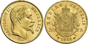 Франция 20 франков 1868 BB на аукционе Numismatica Ars Classica - December 15, 2022