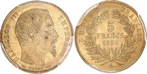 Франция 5 франков 1854 A "Малый диаметр" на аукционе MDC Monaco - June 10, 2023