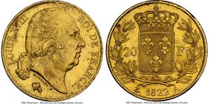 Франция 20 франков 1822 A на аукционе Heritage - May 25, 2023