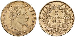 Франция 5 франков 1865 A на аукционе VL Nummus - December 9, 2023